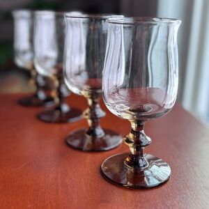 Libbey Tawny Smoke Amber Stemmed Glass Set of Four Vintage 1970s